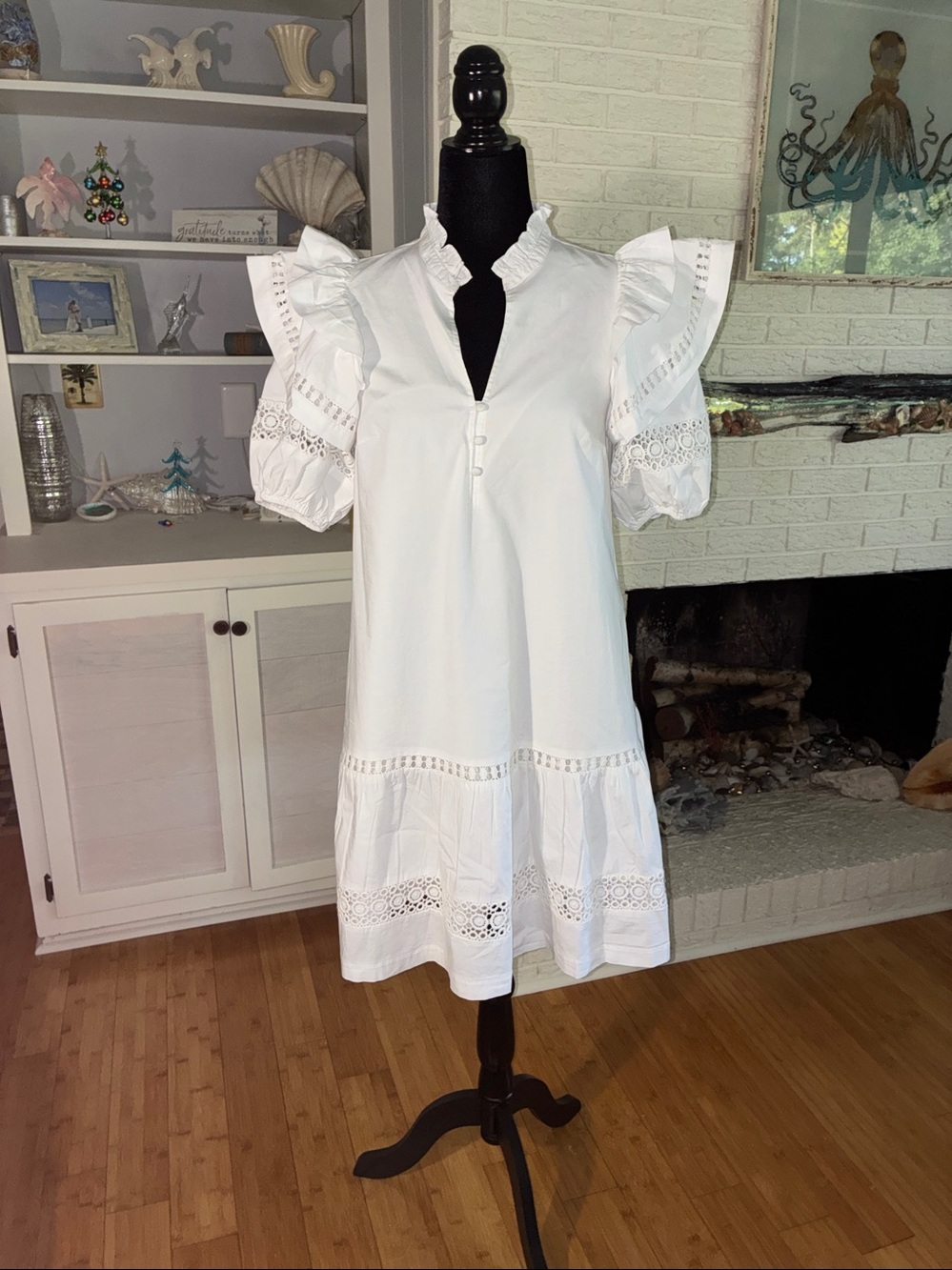 Crown & Ivy women's White Smocked Eyelet Flutter Sleeve Dress Size S Cottage